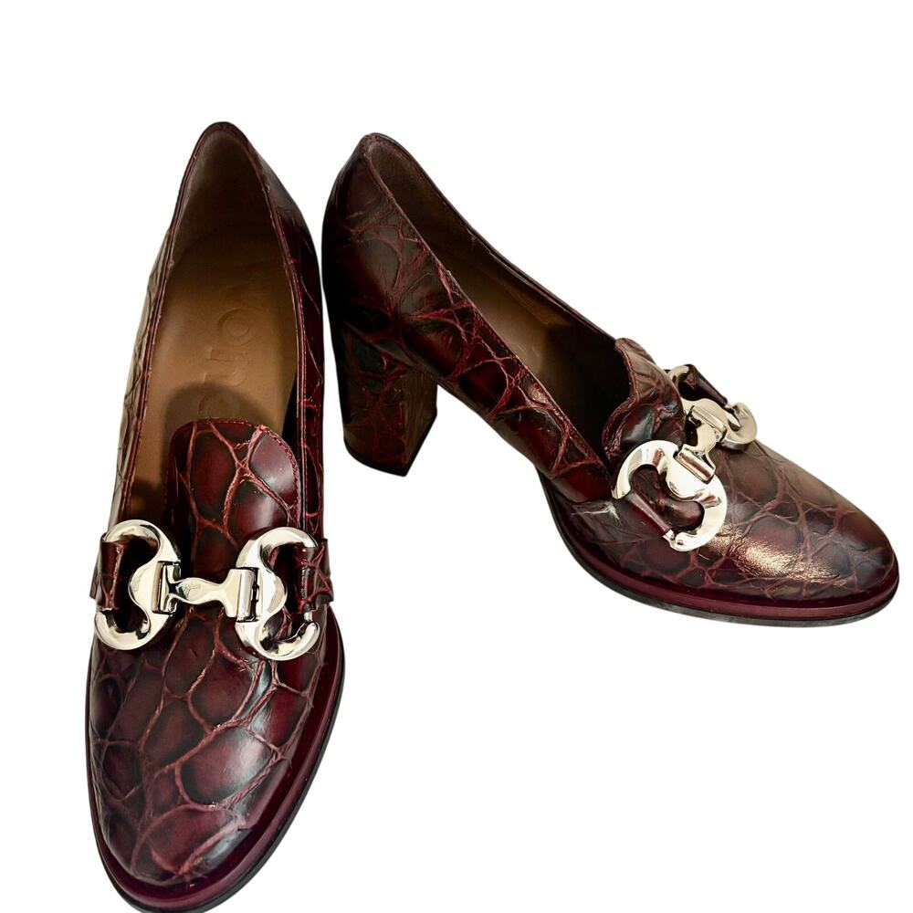 NWT Wonders Spain Siro Maroon Croc Leather Block Heel Loafer Pump Parisian Glam
